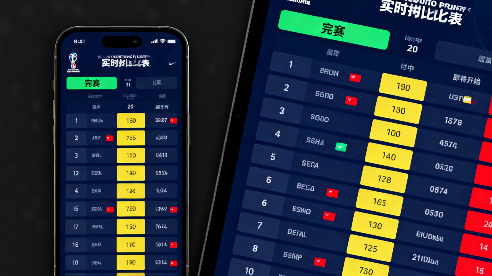 手机和平板上显示世界杯实时比分表，绿色表示完赛，黄色表示进行中，红色表示即将开始